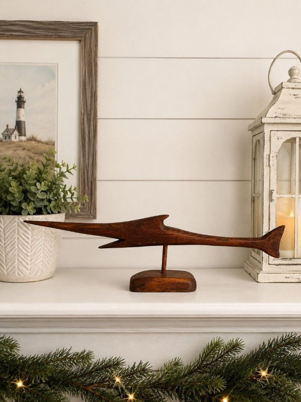 Vintage Mid Century Modern Teak Stylized Barracuda Fish Sculpture on Stand 16"